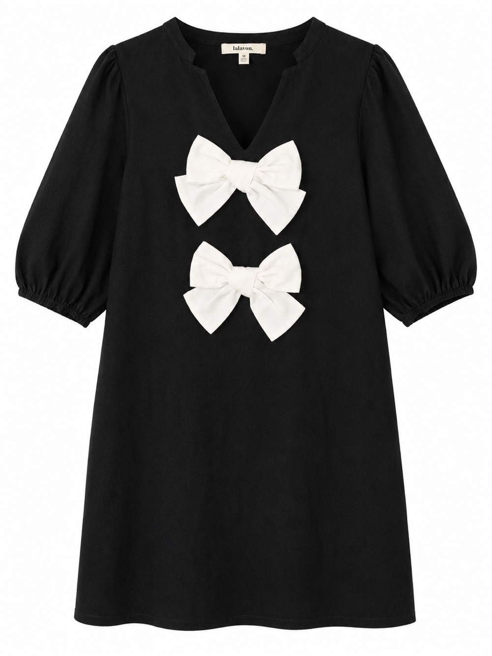 Lalavon Charlotte Bow‎ Dress Black White Puff Sleeve Linen Cotton Medium